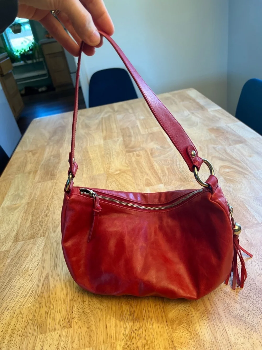 Vintage HOBO Red Leather Shoulder Bag with Side Zipper and Tassel - Picture 2 of 16